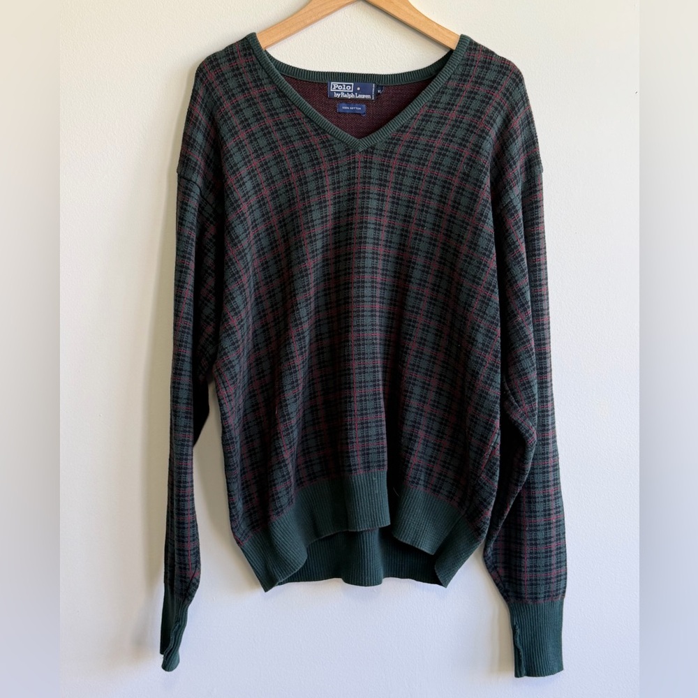 Vintage Polo Ralph Lauren Plaid V-Neck Cotton Sweater XL